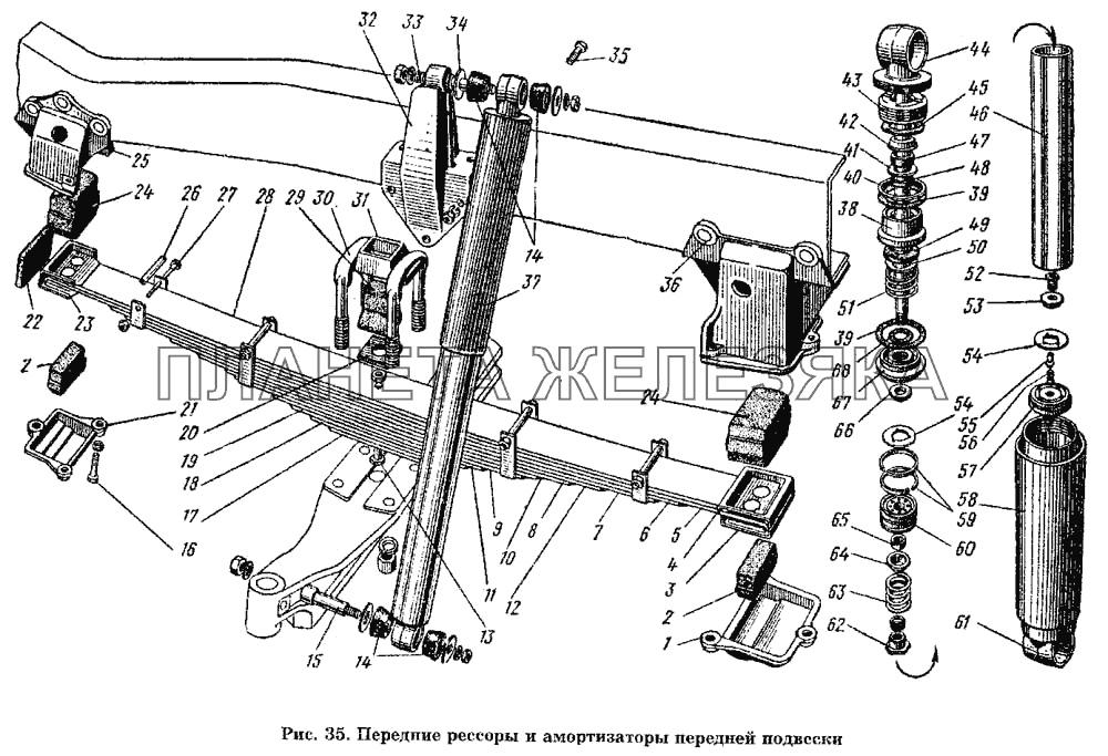 Передние рессоры и амортизаторы передней подвески ГАЗ-53 А