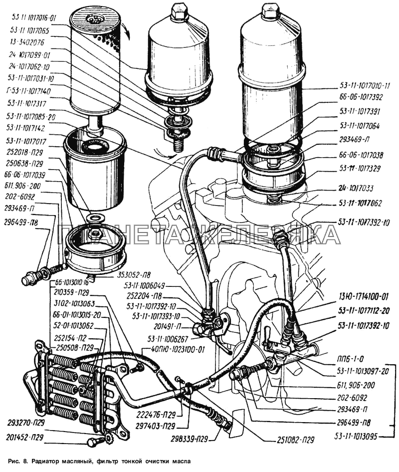 Радиатор масляный, фильтр тонкой очистки масла ГАЗ-66 (Каталог 1996 г.)