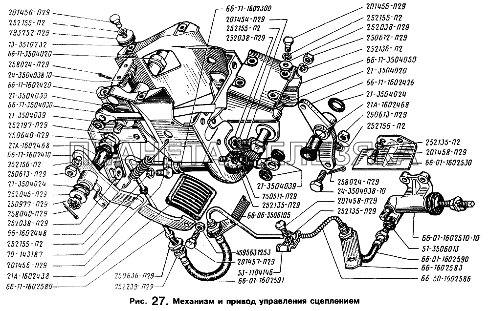 Механизм и привод управления сцеплением ГАЗ-66 (Каталог 1996 г.)