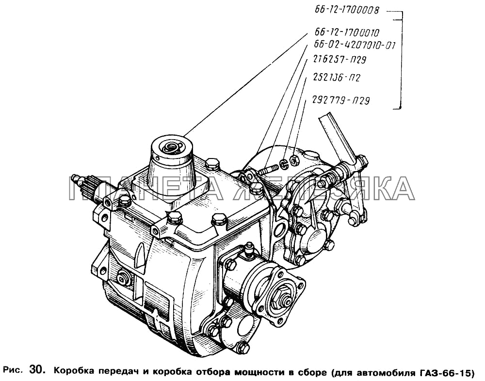 Коробка передач и коробка отбора мощности в сборе (для автомобиля ГАЗ-66-15) ГАЗ-66 (Каталог 1996 г.)