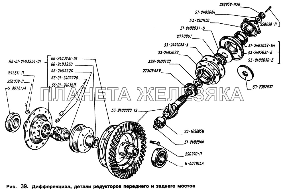 Дифференциал, детали редукторов переднего и заднего мостов ГАЗ-66 (Каталог 1996 г.)