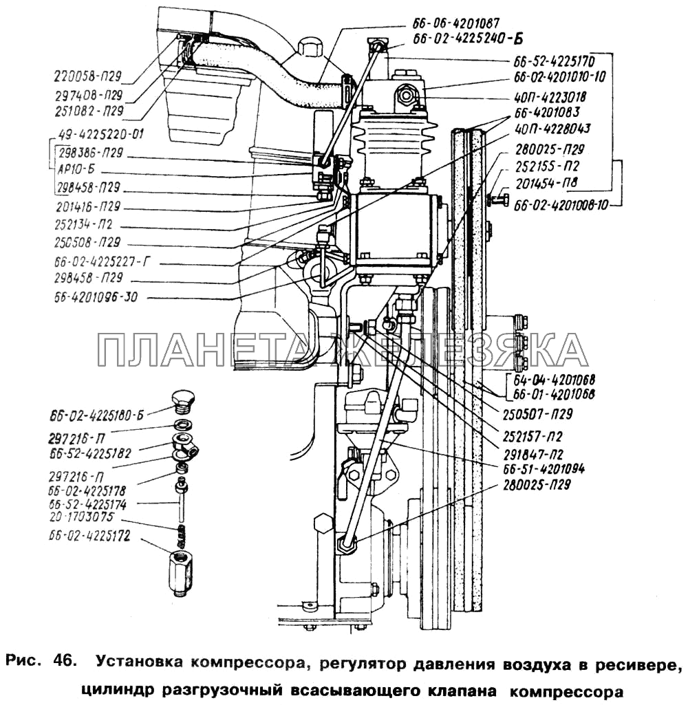 Установка компрессора, регулятор давления воздуха в ресивере, цилиндр разгрузочный всасывающего клапана компрессора ГАЗ-66 (Каталог 1996 г.)