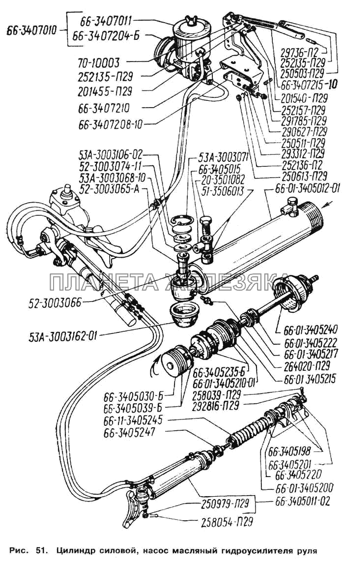 Цилиндр силовой, насос масляный гидроусилителя руля ГАЗ-66 (Каталог 1996 г.)