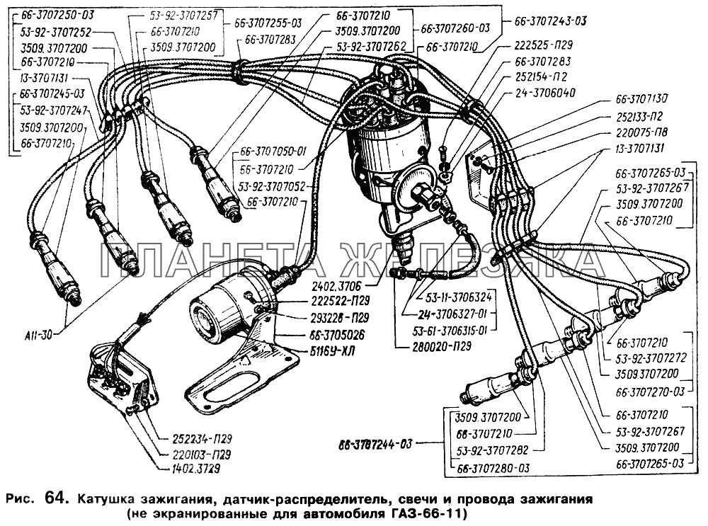 Катушка зажигания, датчик-распределитель, свечи и провода зажигания (не экранированные для автомобиля ГАЗ-66-11) ГАЗ-66 (Каталог 1996 г.)