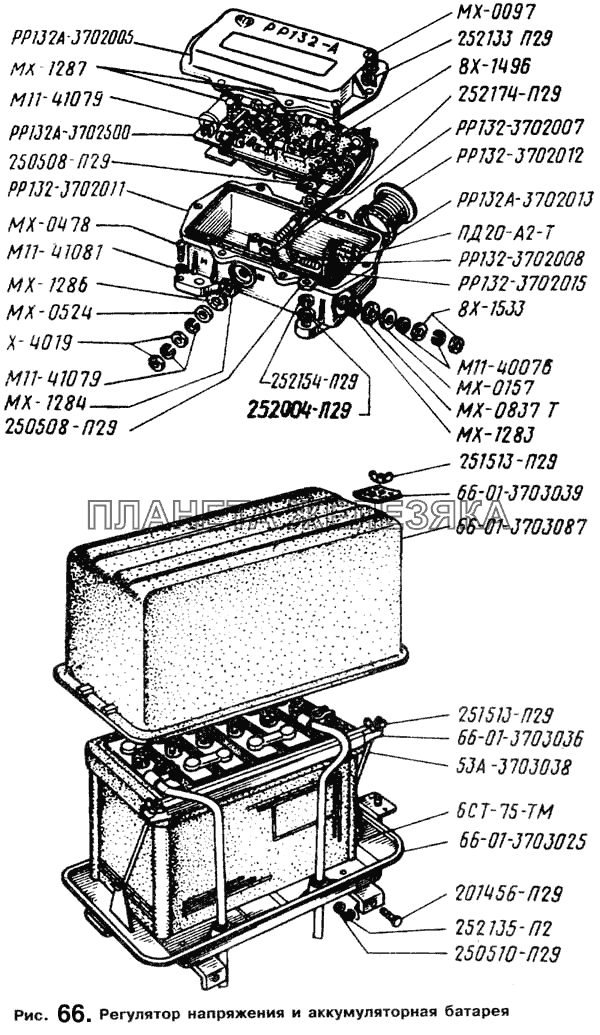 Регулятор напряжения и аккумуляторная батарея ГАЗ-66 (Каталог 1996 г.)