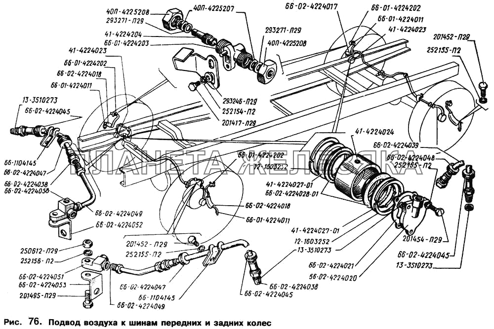 Подвод воздуха к шинам передних и задних колес ГАЗ-66 (Каталог 1996 г.)