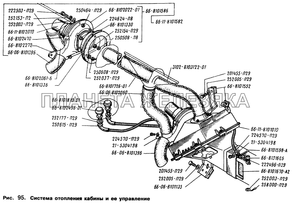 Система отопления кабины и ее управление ГАЗ-66 (Каталог 1996 г.)