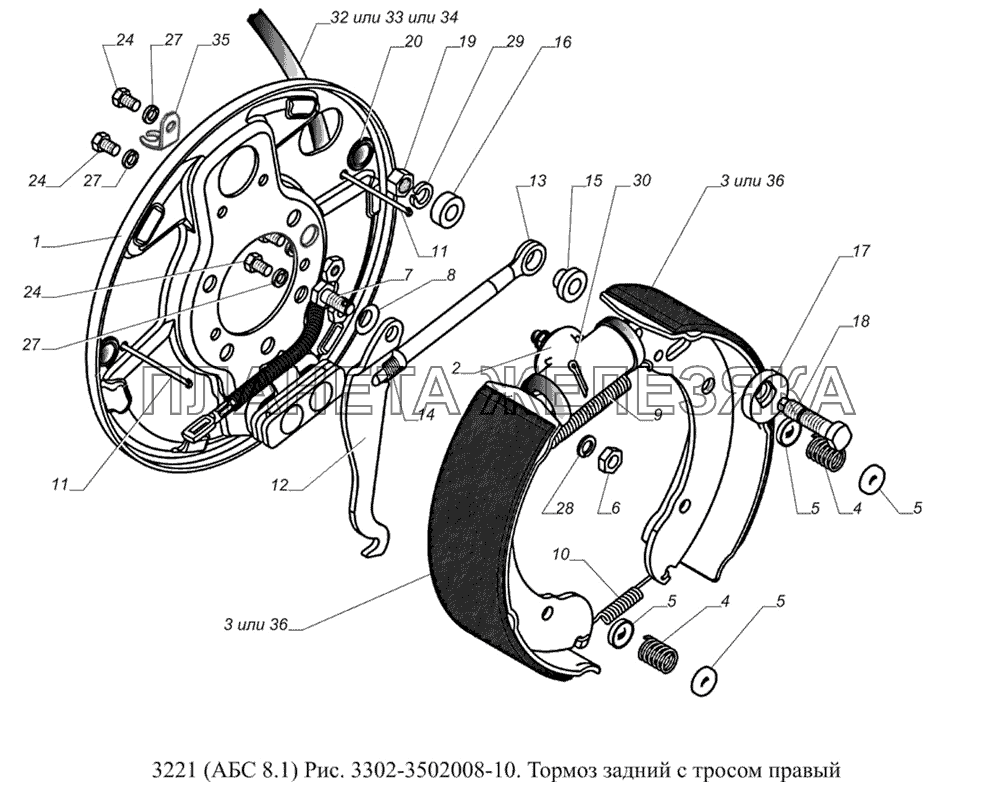3302-3502008-10. Тормоз задний с тросом правый ГАЗ-3221 (Уст. АБС 8.1)
