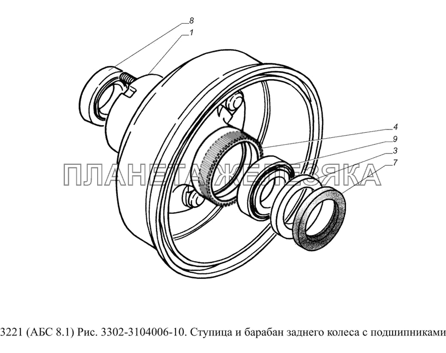 3302-3104006-10. Ступица и барабан заднего колеса с подшипниками ГАЗ-3221 (Уст. АБС 8.1) 3302-3104006-10. Ступица и барабан заднего колеса с подшипниками ГАЗ-3221 (Уст. АБС 8.1)
