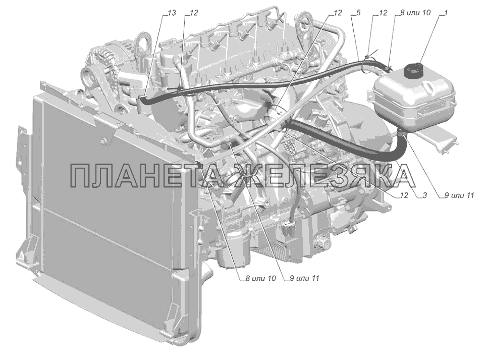 33023-1311001. Установка шлангов расширительного бачка ГАЗ-2705 (Cummins E-4)