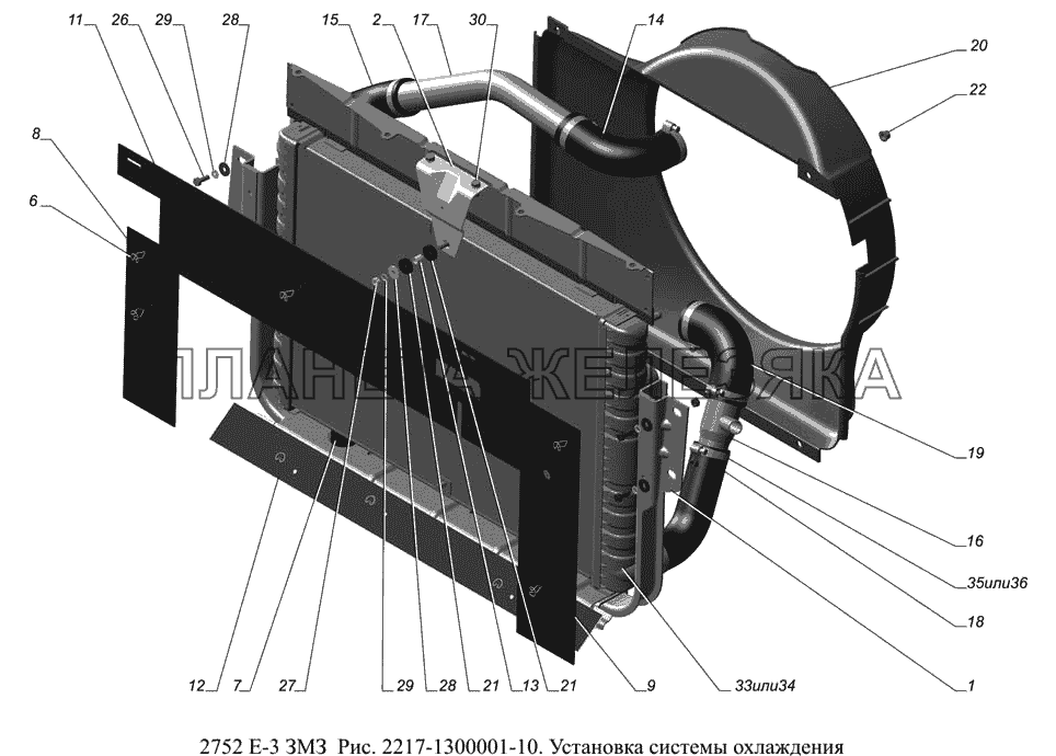 2217-1300001-10. Установка системы охлаждения ГАЗ-2752 (доп. с дв. ЗМЗ Е 3)