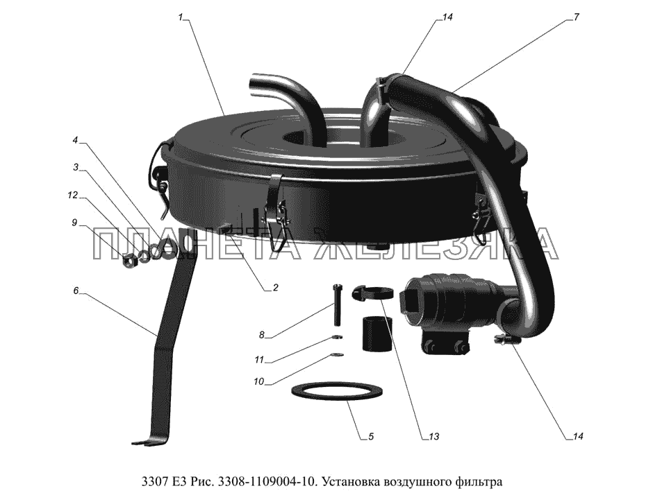 3308-1109004-10. Установка воздушного фильтра ГАЗ-3307 (доп. с дв. ЗМЗ Е 3)