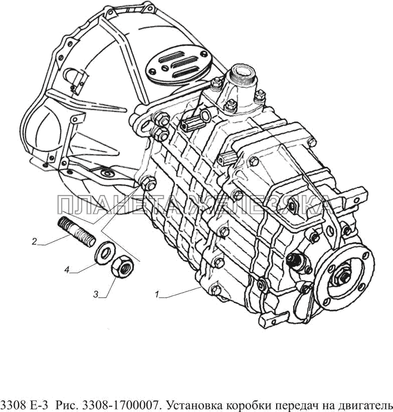 3308-1700007. Установка коробки передач на двигатель ГАЗ-3308 (доп. с дв. ЗМЗ Е 3)