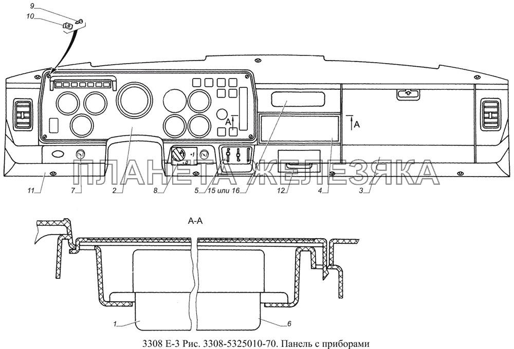 3308-5325010-70. Панель с приборами ГАЗ-3308 (доп. с дв. ЗМЗ Е 3)