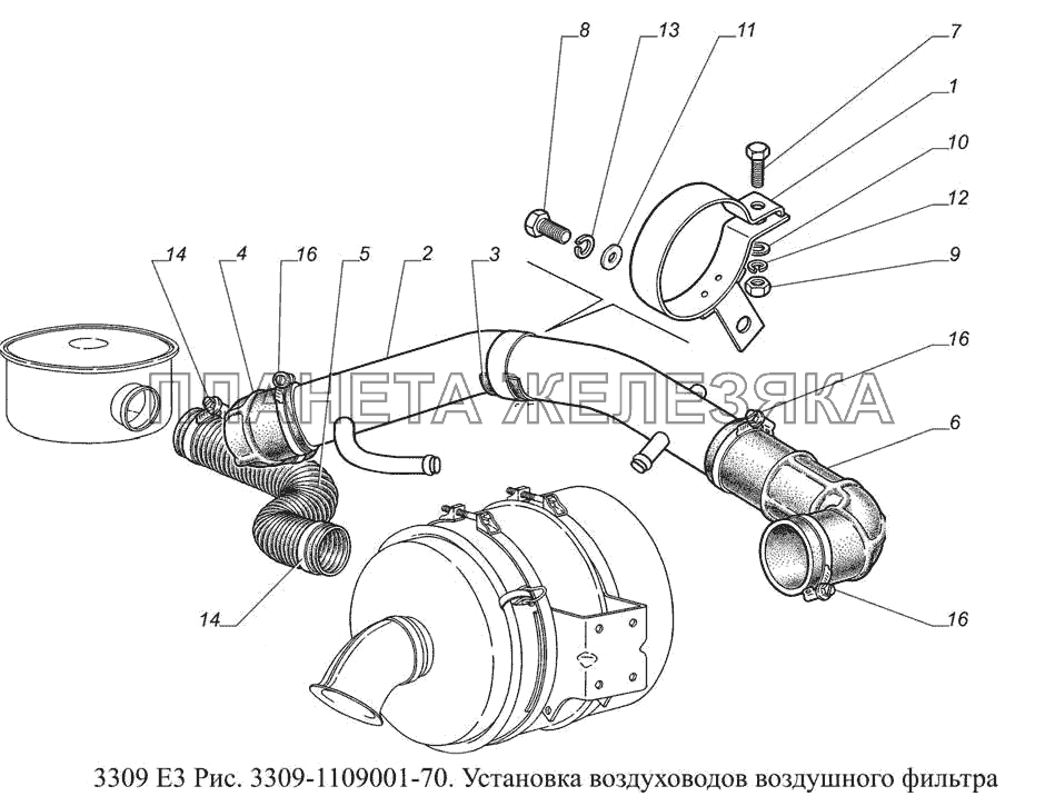 3309-1109001-70. Установка воздуховодов воздушного фильтра ГАЗ-3309 (доп. с дв. ЗМЗ Е 3)