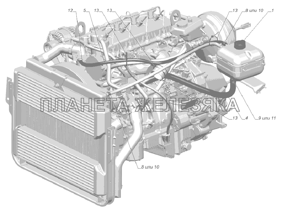 33023-1311001-20. Установка шлангов расширительного бачка ГАЗ-3302 (Cummins E-4)