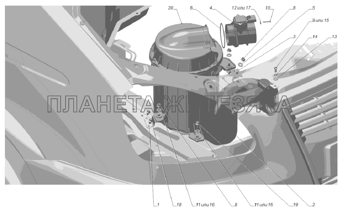 2705-1109002-20. Установка воздушного фильтра ГАЗ-3302 (Cummins E-4) 2705-1109002-20. Установка воздушного фильтра ГАЗ-3302 (Cummins E-4)