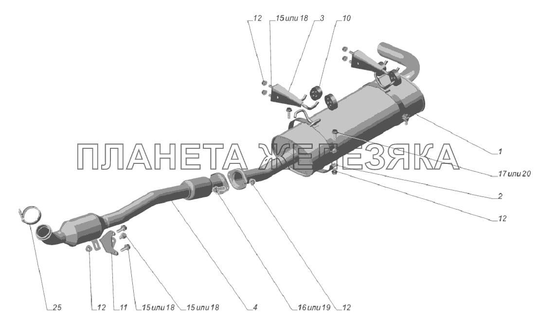 33023-1200001-30. Установка системы выпуска газов ГАЗ-3302 (Cummins E-4)