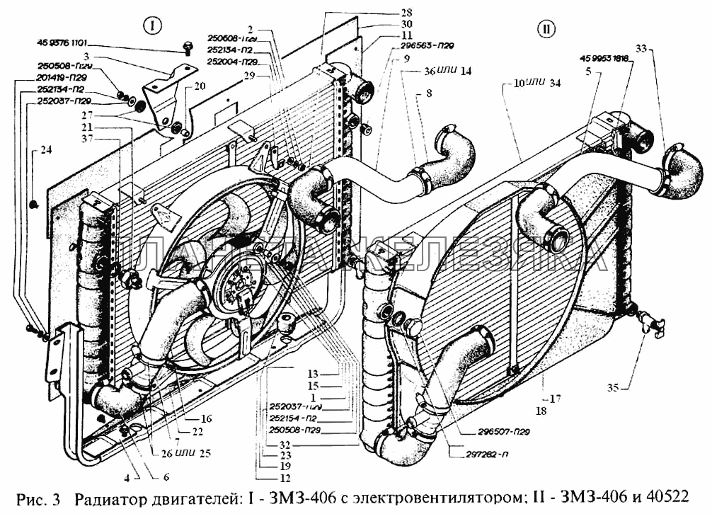 Радиатор двигателей: I-ЗМЗ-406 с электровентилятором, II-ЗМЗ-406 и ЗМЗ-40522 ГАЗель, Соболь (2003)