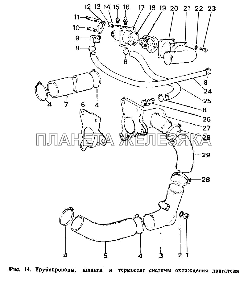 Трубопроводы, шланги и термостат системы охлаждения двигателя ИЖ 2126