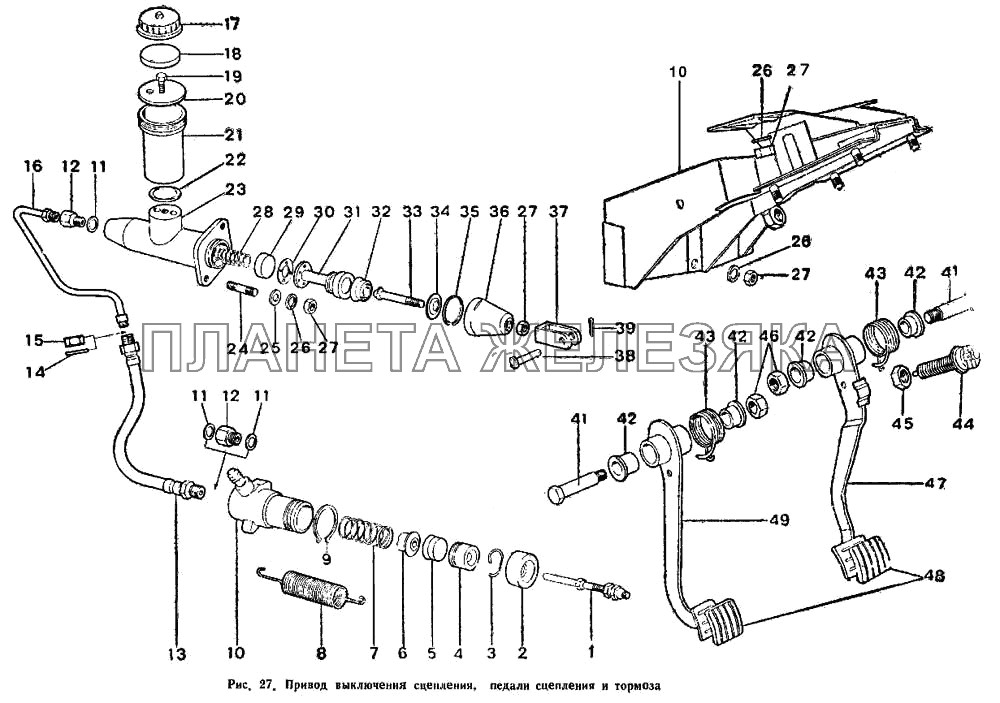 Привод выключения сцепления, педали сцепления и тормоза ИЖ 2126