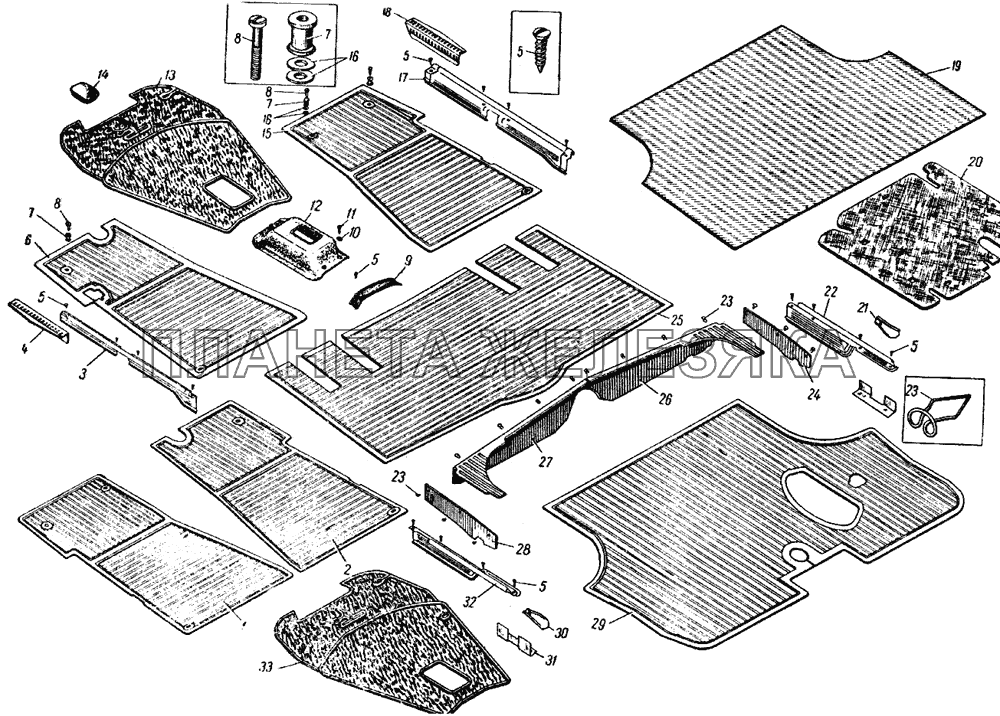 Крышки люков в полу кузова и коврики пола ИЖ 434