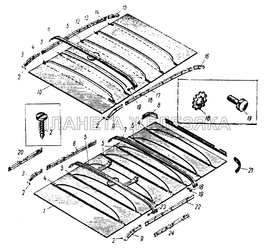 Обивка и термошумоизоляционные панели (съемные) крыши (потолка) кузова ИЖ 427