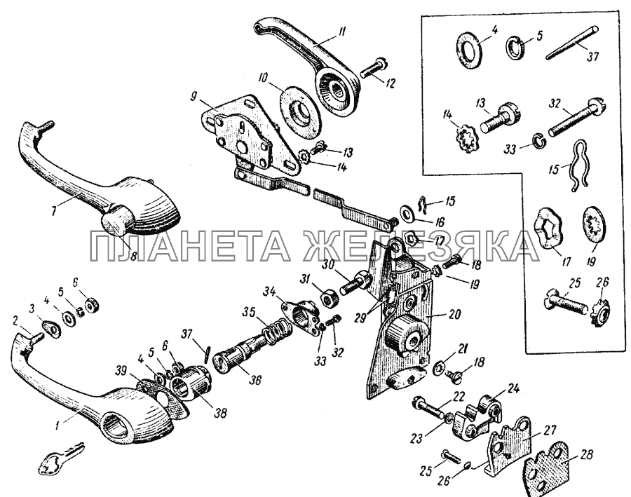Замок и ручка передней двери ИЖ 427