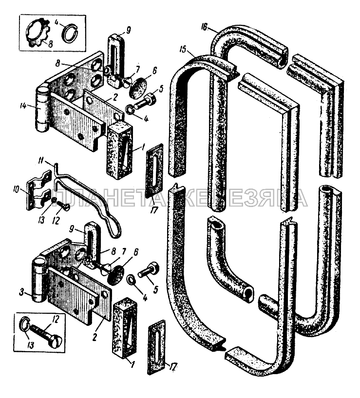Петли, ограничители открытия и уплотнения передней двери кузова ИЖ 427
