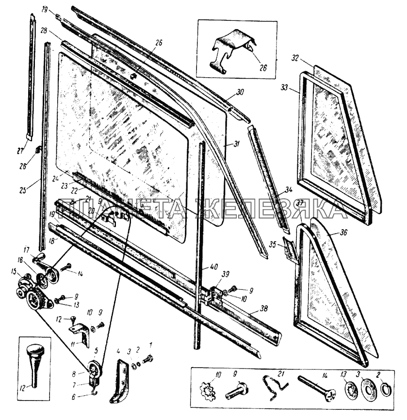 Угловые стекла задних дверей кузова моделей 412 и 427, опускное стекло и стеклоподъемник задней двери кузова модели 427 ИЖ 434