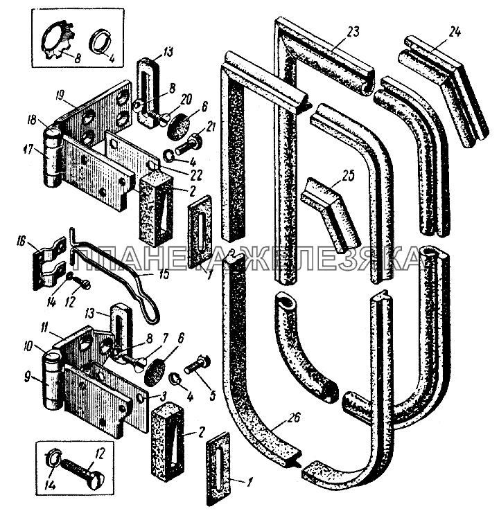 Петли, ограничители открытия и уплотнения задней двери кузовов моделей 412 и 427 ИЖ 427