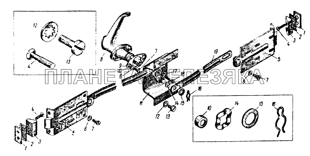 Замок и ручка задней двери кузовов моделей 427 и 434 ИЖ 427