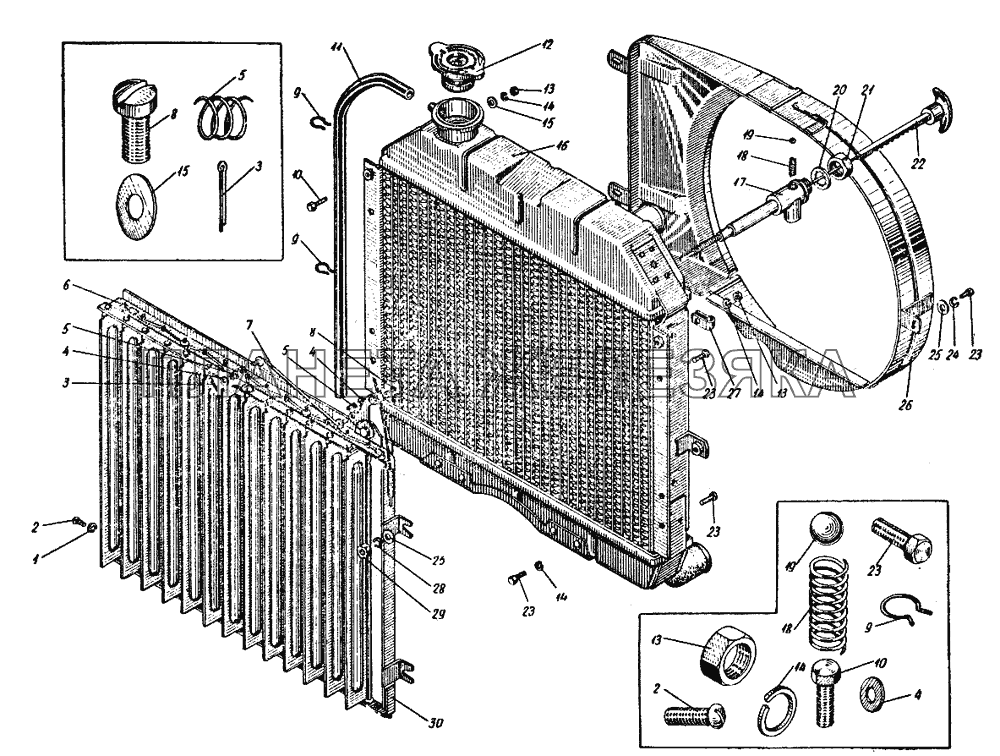 Радиатор (с пробкой горловины) и детали его крепления к раме и кузову ИЖ 427