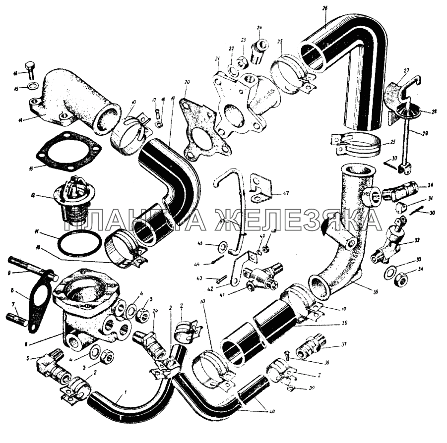Трубопроводы, шланги и термостат системы охлаждения ИЖ 427