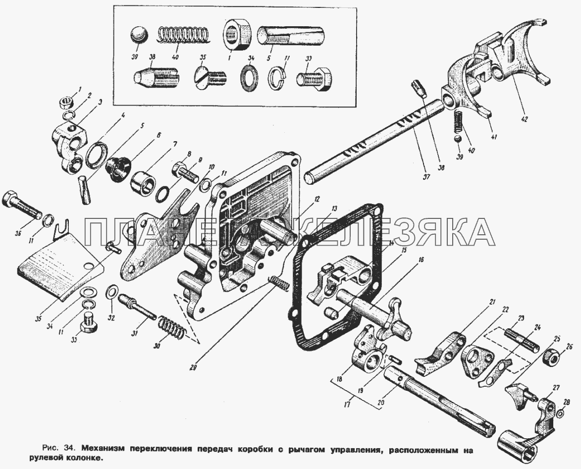 Механизм переключения передач коробки передач с рычагом управления, расположенным на рулевой колонке ИЖ 434