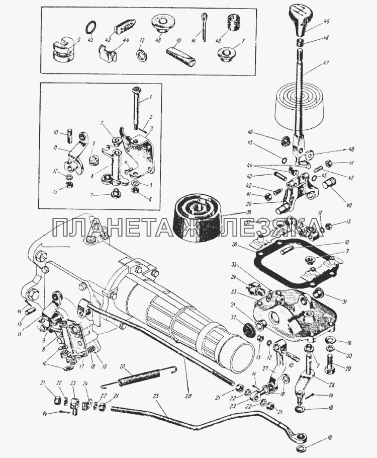 Механизм переключения передач коробки передач с рычагом управления, расположенным на полу кузова ИЖ 427