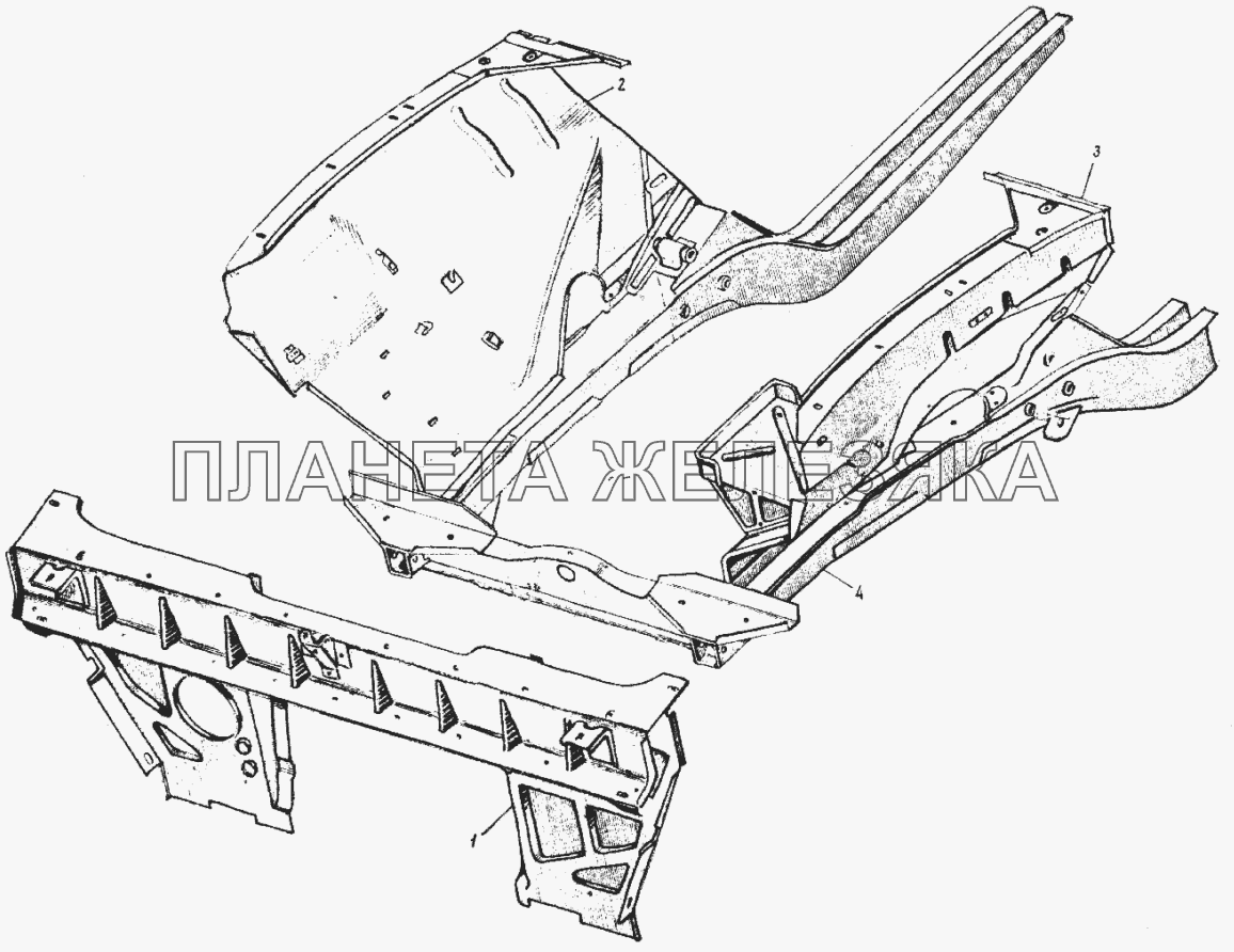Рама (подмоторная), брызговики крыльев и полка облицовки радиатора со щитами в сборе (комплект для ремонтных целей) ИЖ 412