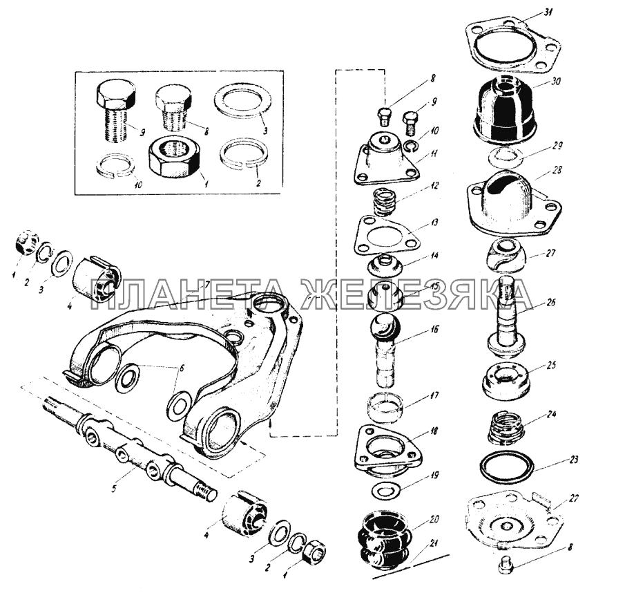 Неразборные шарниры стойки и верхний рычаг передней подвески ИЖ 427