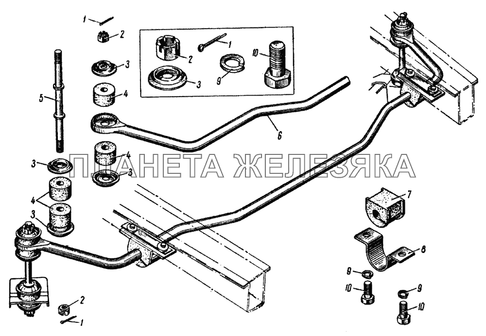 Стабилизатор поперечной устойчивости автомобиля и детали его крепления ИЖ 427
