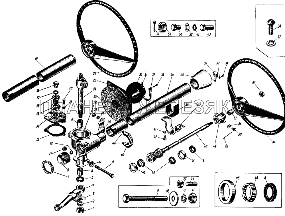 Рулевая колонка (с алюминиевым картером механизма) и детали ее крепления на автомобиле ИЖ 427