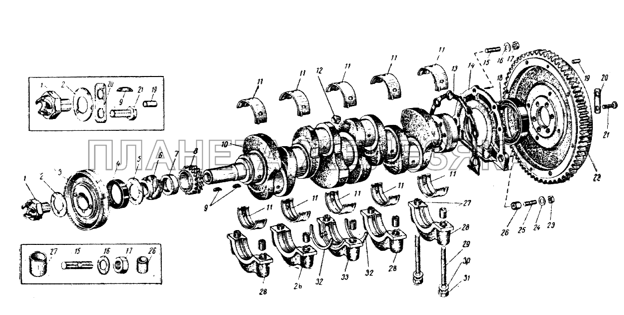 Коленчатый вал, вкладыши коренных подшипников и маховик ИЖ 427
