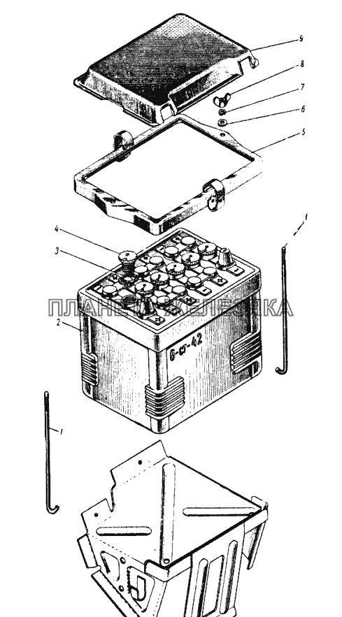 Аккумуляторная батарея и ее крепление ИЖ 427