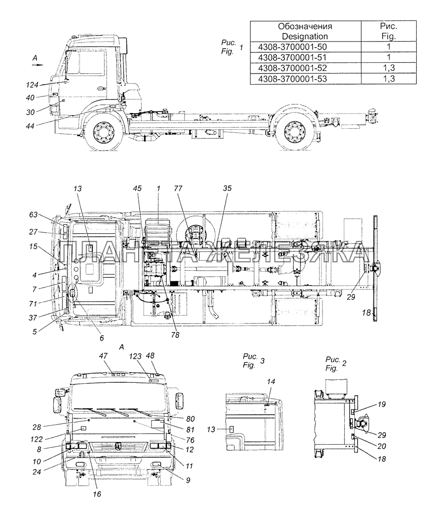 4308-3700001-50 Электрооборудование. Расположение на автомобиле КамАЗ-4308 (Евро 3)