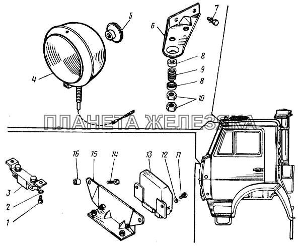 Прожектор, прерыватель указателей поворота и резистор факельного устройства облегчения пуска КамАЗ-43101