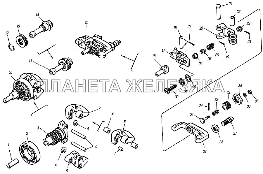 Державка грузов регулятора, муфта грузов регулятора и рычаги с корректорами регулятора КамАЗ-4310 (каталог 2004 г)