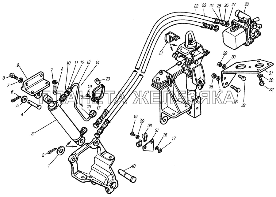 Установка цилиндра и трубопроводов опрокидывающего механизма кабины КамАЗ-4310 (каталог 2004 г)
