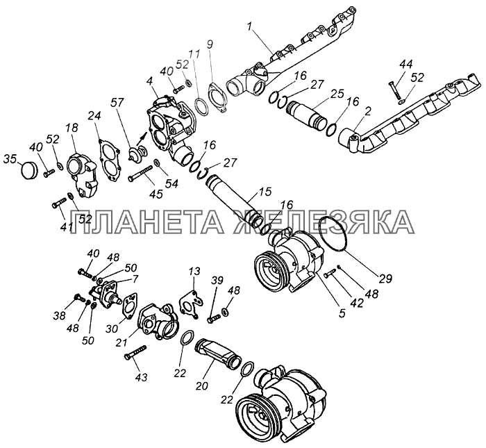 Установка водяного насоса, водяных труб и включателя гидромуфты КамАЗ-43118