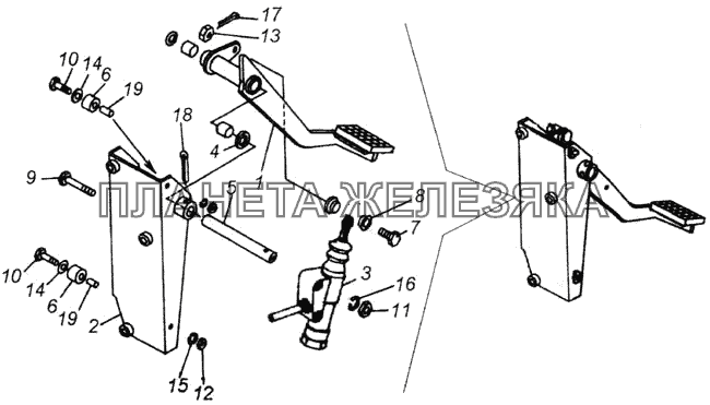 Педаль сцепления с кронштейном и главным цилиндром КамАЗ-43114