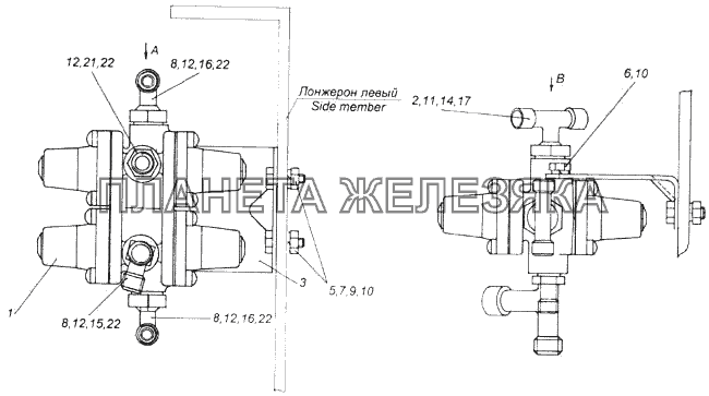 Установка четырехконтурного защитного клапана КамАЗ-4326 (каталог 2003г)