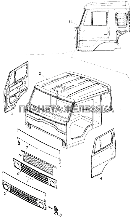 Кабина с дверями окрашенная КамАЗ-4326 (каталог 2003г)